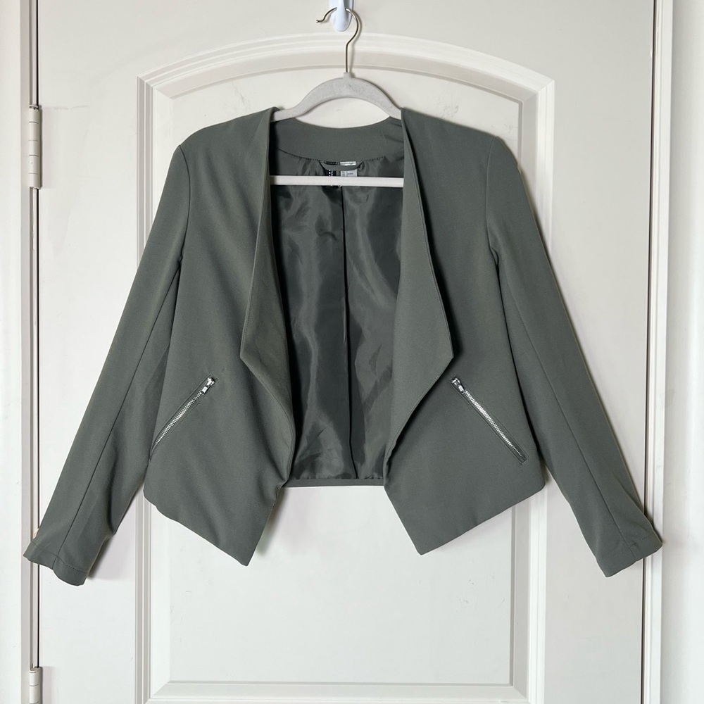 H&M Olive Green Drape Front Blazer with Zipper Pockets size 6